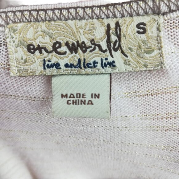 One World Raglan Sleeve Knit Top Size S Ethnic Geometric 3/4 Sleeve Gold Cream - Picture 11 of 12